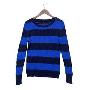 Talbots Cable Knit Sweater Womens Lambs Wool Blend Sz M Blue Striped Preppy Crew